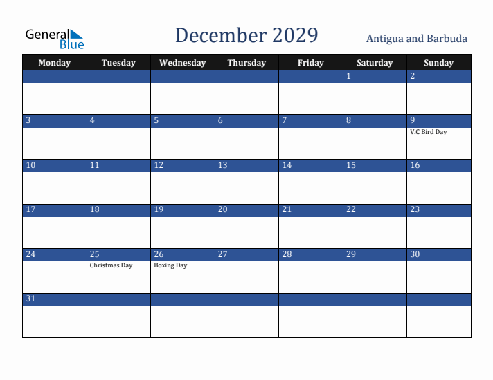 December 2029 Antigua and Barbuda Calendar (Monday Start)
