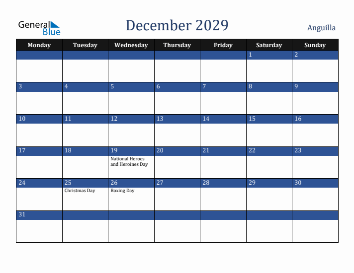 December 2029 Anguilla Calendar (Monday Start)
