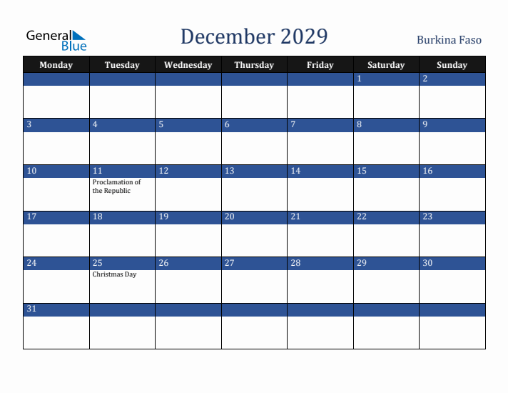 December 2029 Burkina Faso Calendar (Monday Start)