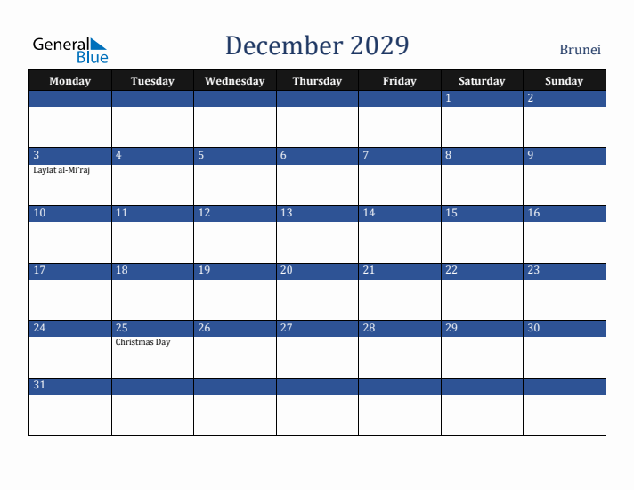 December 2029 Brunei Calendar (Monday Start)