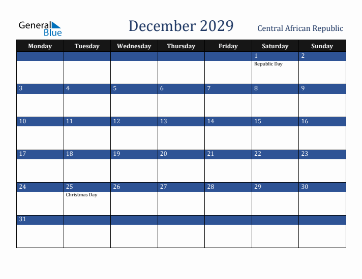 December 2029 Central African Republic Calendar (Monday Start)