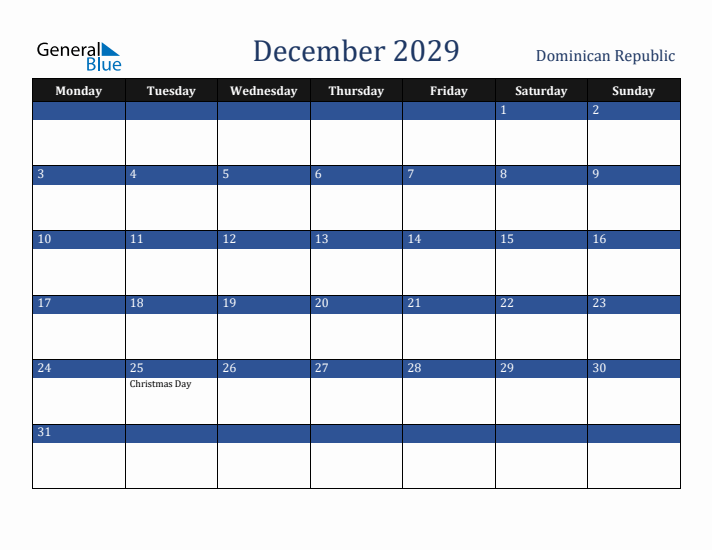 December 2029 Dominican Republic Calendar (Monday Start)
