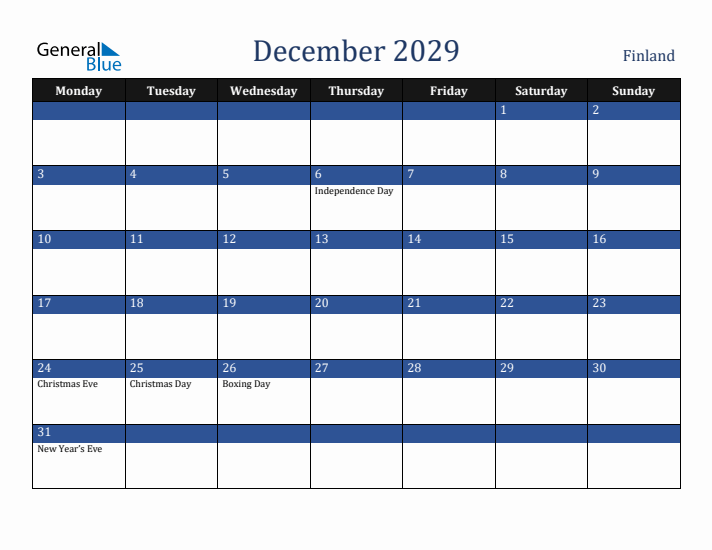 December 2029 Finland Calendar (Monday Start)