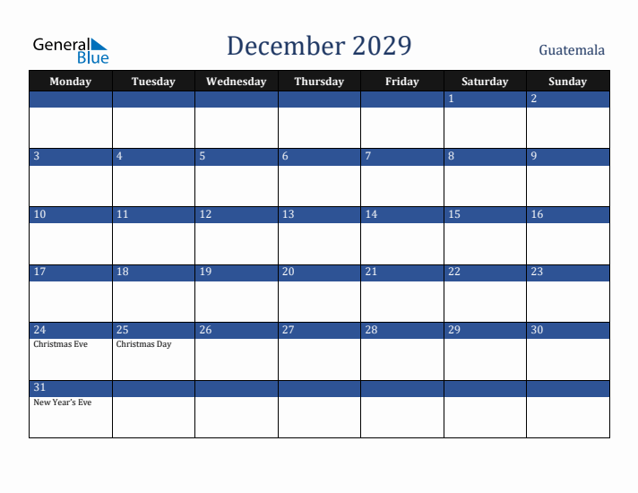 December 2029 Guatemala Calendar (Monday Start)