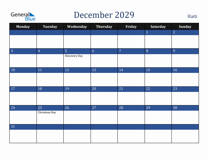 December 2029 Haiti Calendar (Monday Start)