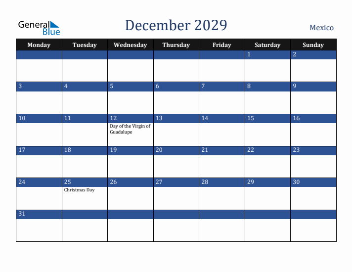 December 2029 Mexico Calendar (Monday Start)