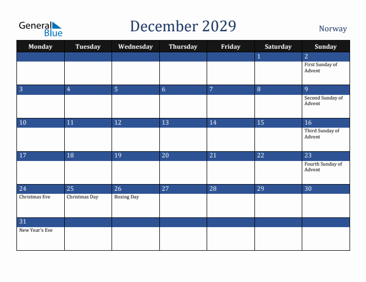 December 2029 Norway Calendar (Monday Start)
