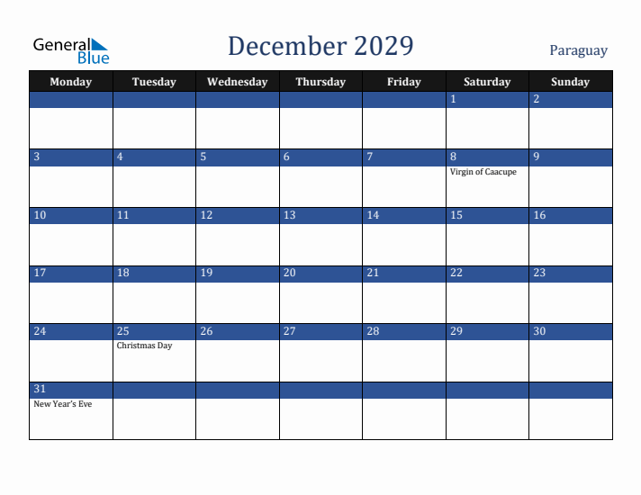December 2029 Paraguay Calendar (Monday Start)