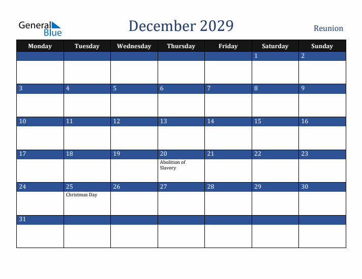 December 2029 Reunion Calendar (Monday Start)