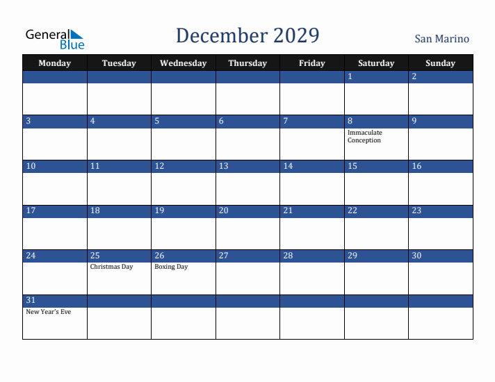 December 2029 San Marino Calendar (Monday Start)