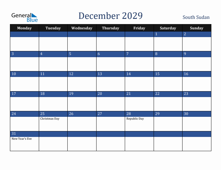 December 2029 South Sudan Calendar (Monday Start)