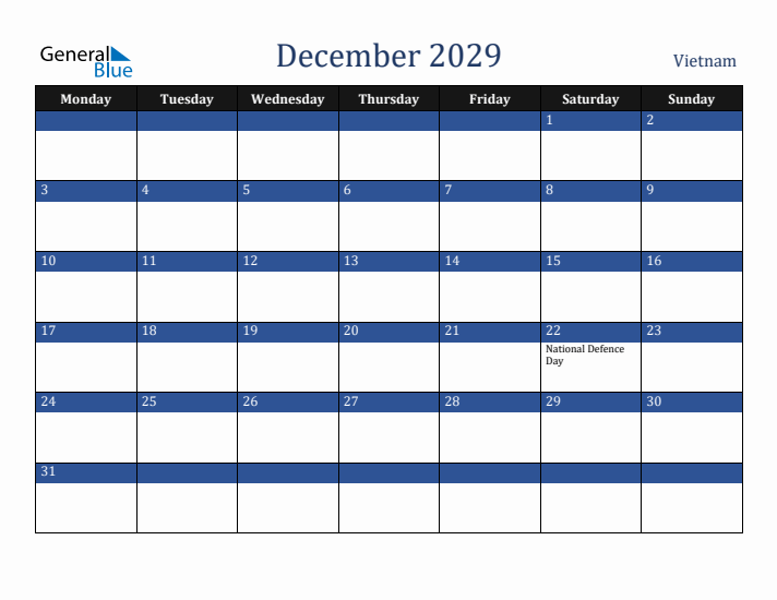 December 2029 Vietnam Calendar (Monday Start)