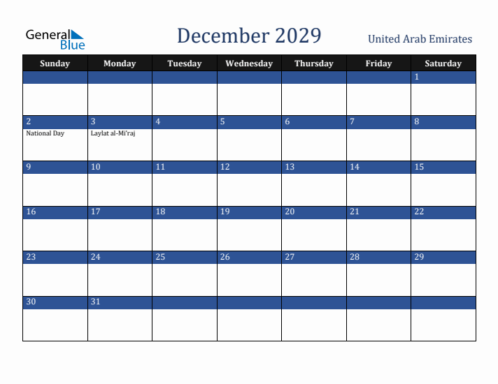 December 2029 United Arab Emirates Calendar (Sunday Start)