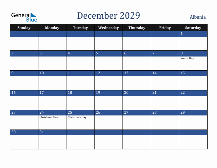 December 2029 Albania Calendar (Sunday Start)