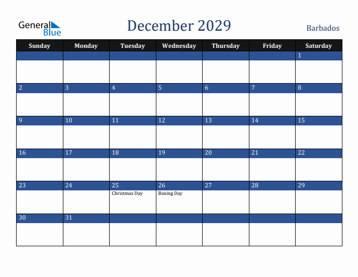 December 2029 Barbados Calendar (Sunday Start)