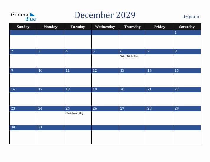 December 2029 Belgium Calendar (Sunday Start)