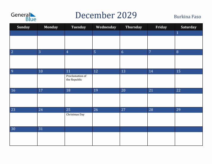 December 2029 Burkina Faso Calendar (Sunday Start)