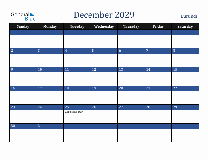 December 2029 Burundi Calendar (Sunday Start)