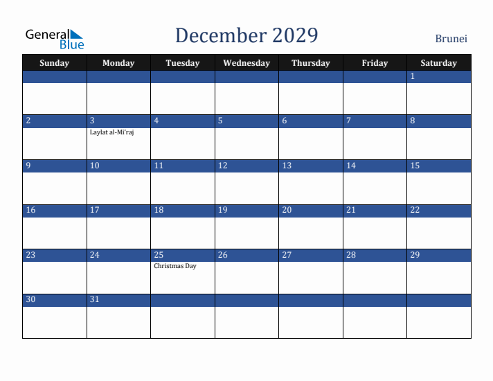 December 2029 Brunei Calendar (Sunday Start)