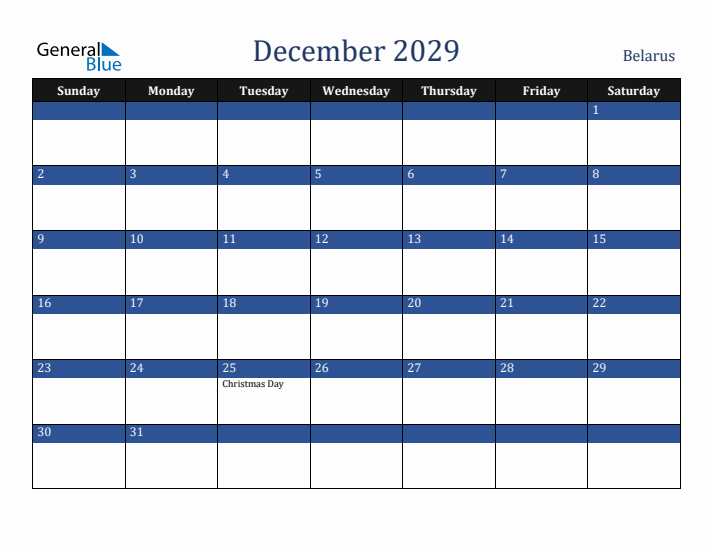 December 2029 Belarus Calendar (Sunday Start)