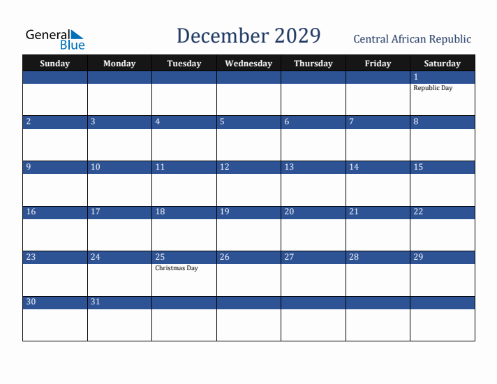 December 2029 Central African Republic Calendar (Sunday Start)