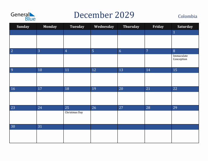 December 2029 Colombia Calendar (Sunday Start)