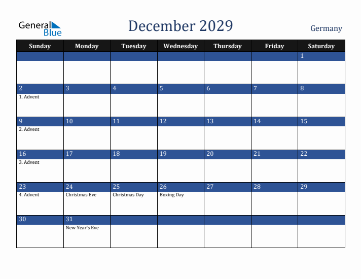 December 2029 Germany Calendar (Sunday Start)
