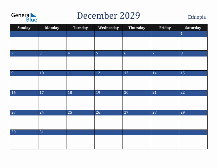 December 2029 Ethiopia Calendar (Sunday Start)