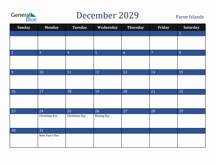 December 2029 Faroe Islands Calendar (Sunday Start)