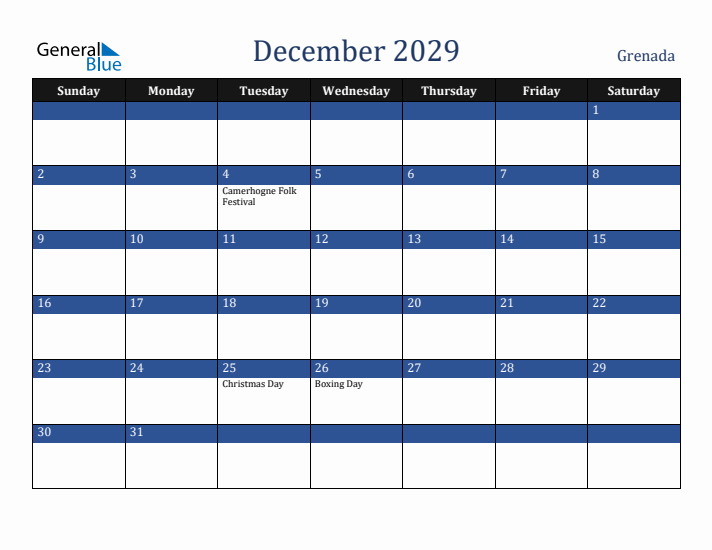 December 2029 Grenada Calendar (Sunday Start)