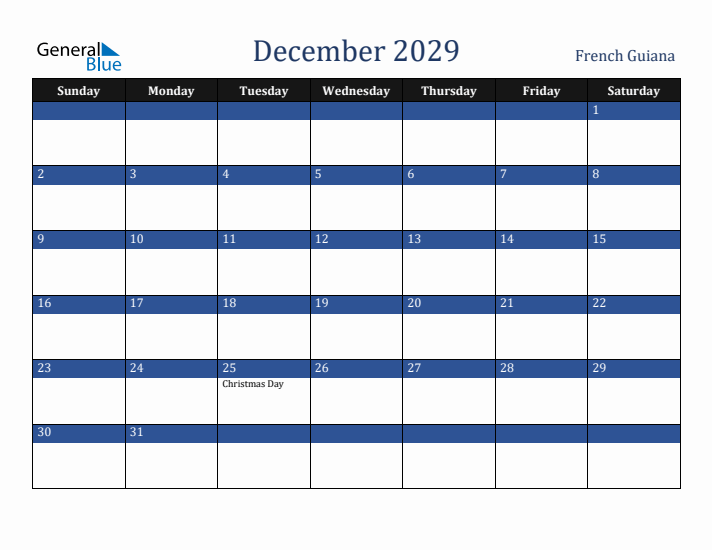 December 2029 French Guiana Calendar (Sunday Start)