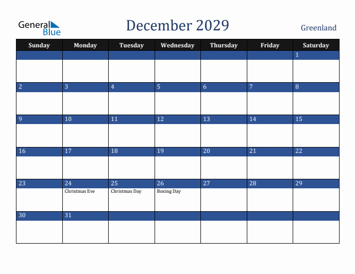 December 2029 Greenland Calendar (Sunday Start)