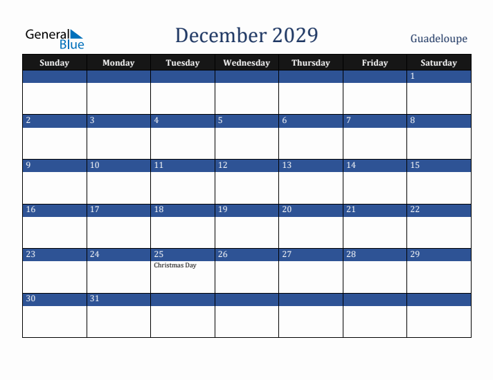 December 2029 Guadeloupe Calendar (Sunday Start)