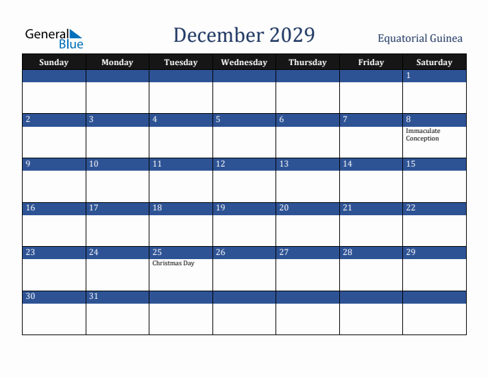 December 2029 Equatorial Guinea Calendar (Sunday Start)