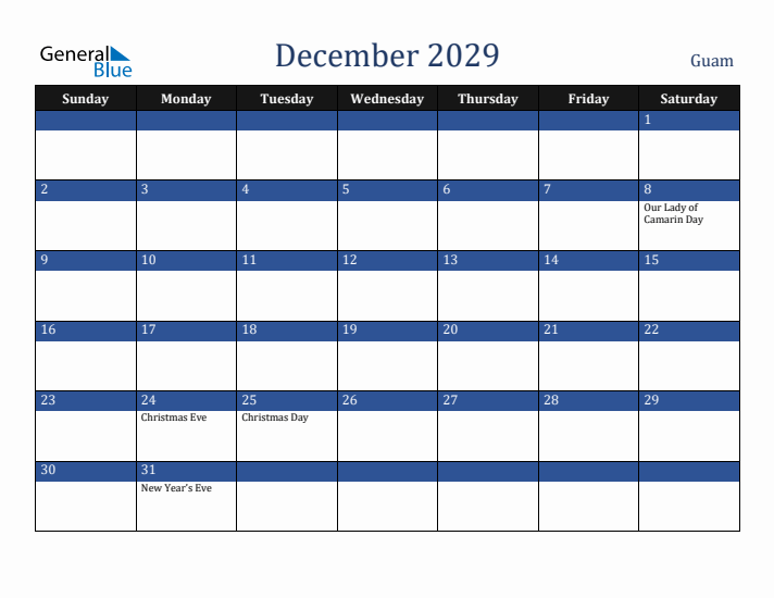December 2029 Guam Calendar (Sunday Start)