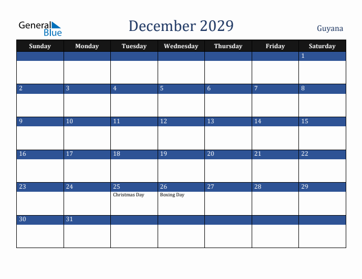 December 2029 Guyana Calendar (Sunday Start)