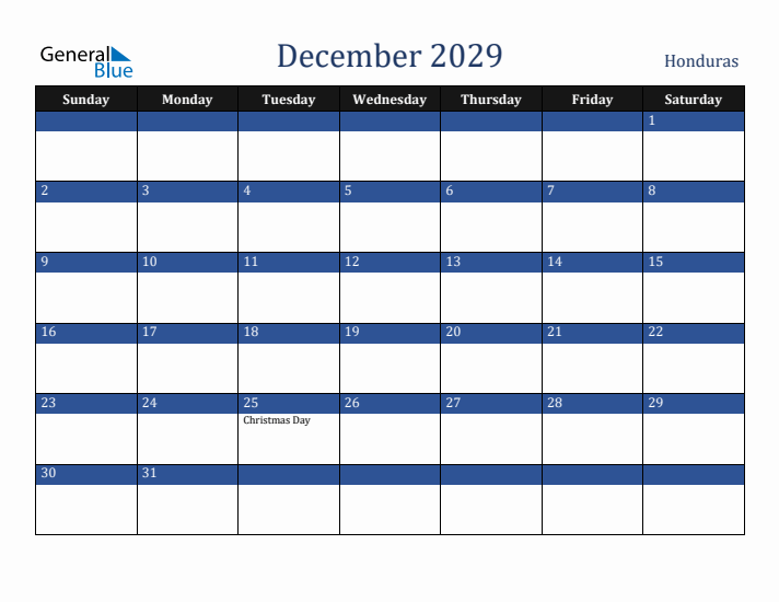 December 2029 Honduras Calendar (Sunday Start)