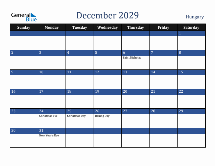 December 2029 Hungary Calendar (Sunday Start)