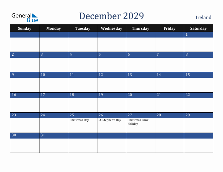 December 2029 Ireland Calendar (Sunday Start)