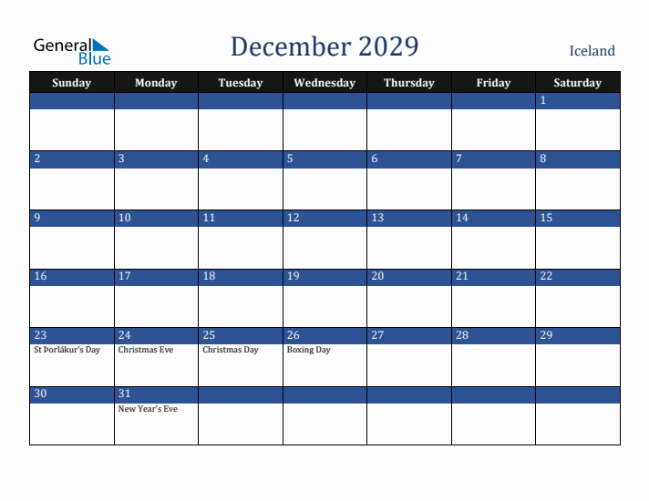 December 2029 Iceland Calendar (Sunday Start)