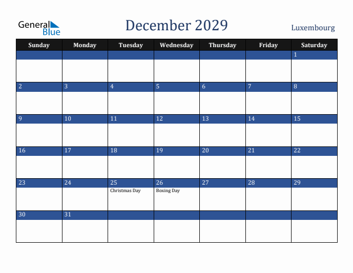 December 2029 Luxembourg Calendar (Sunday Start)