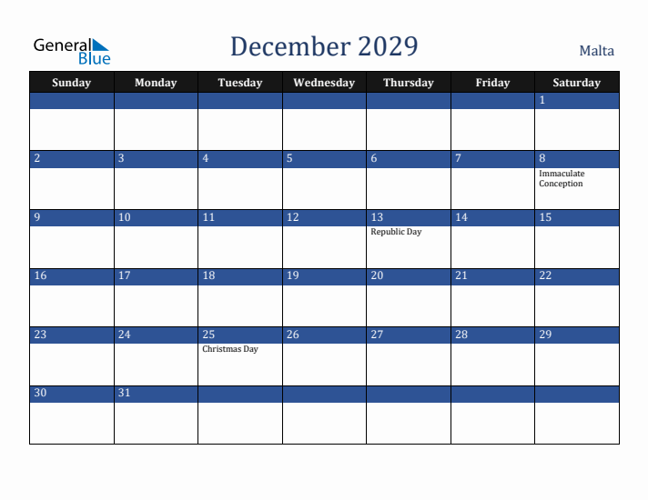 December 2029 Malta Calendar (Sunday Start)