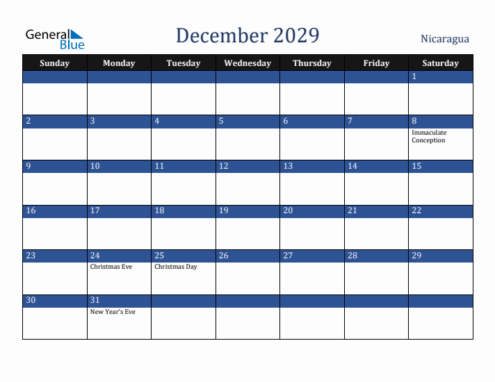 December 2029 Nicaragua Calendar (Sunday Start)