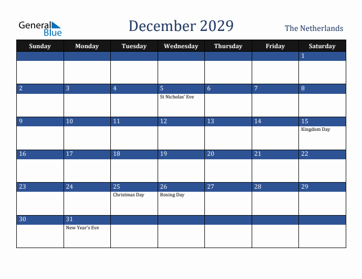 December 2029 The Netherlands Calendar (Sunday Start)