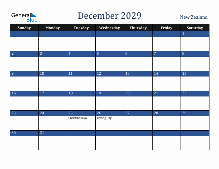 December 2029 New Zealand Calendar (Sunday Start)