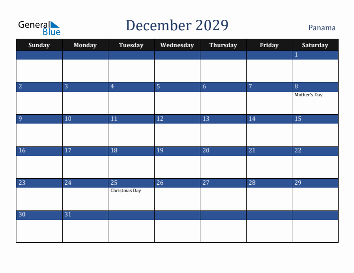 December 2029 Panama Calendar (Sunday Start)