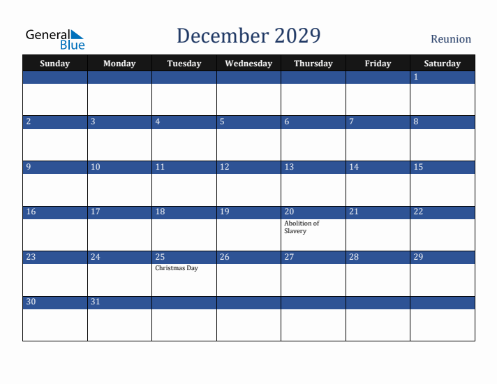 December 2029 Reunion Calendar (Sunday Start)