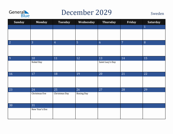 December 2029 Sweden Calendar (Sunday Start)