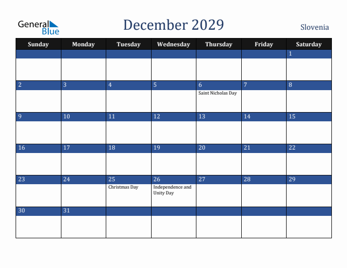December 2029 Slovenia Calendar (Sunday Start)