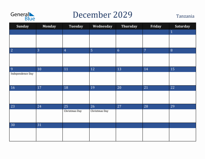 December 2029 Tanzania Calendar (Sunday Start)